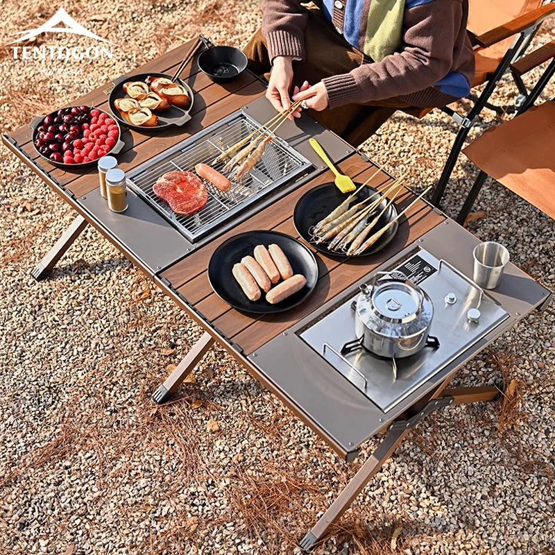 Outdoor Camping Folding Multifunctional IGT Wood Table Gas Stove Portable Lightweight Camp BBQ Grill Table Picnic Table