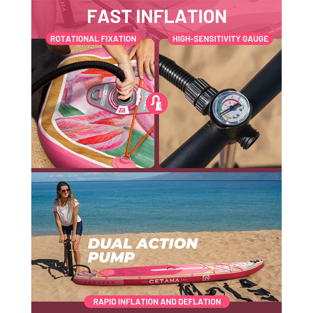 CETANA SUP Adult Waterproof Inflatable Paddle Board 11'6'X35'X6' Standing Style Aquatic with Fishing Accessories SUB PINK