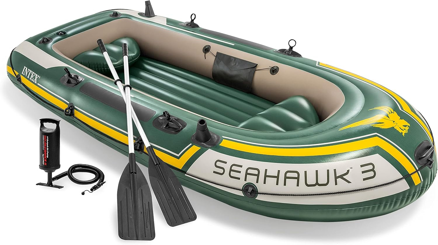 68380NP Seahawk 3 Inflatable Boat Set: Includes Deluxe 137 Cm Boat Oars and High-Output Pump – Superstrong PVC – Fishing Rod Holders – 3-Person – 358 Kg Weight Capacity