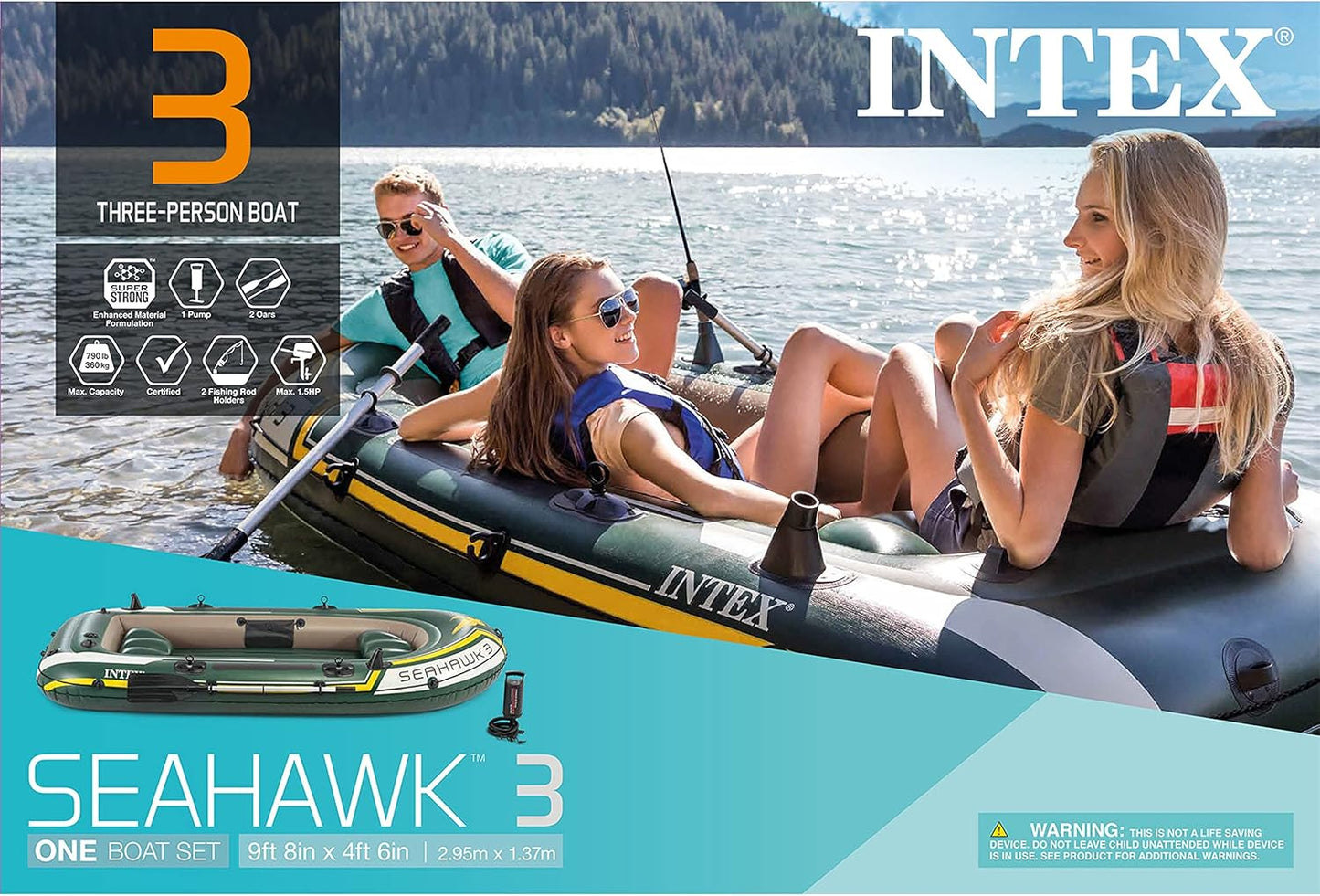 68380NP Seahawk 3 Inflatable Boat Set: Includes Deluxe 137 Cm Boat Oars and High-Output Pump – Superstrong PVC – Fishing Rod Holders – 3-Person – 358 Kg Weight Capacity