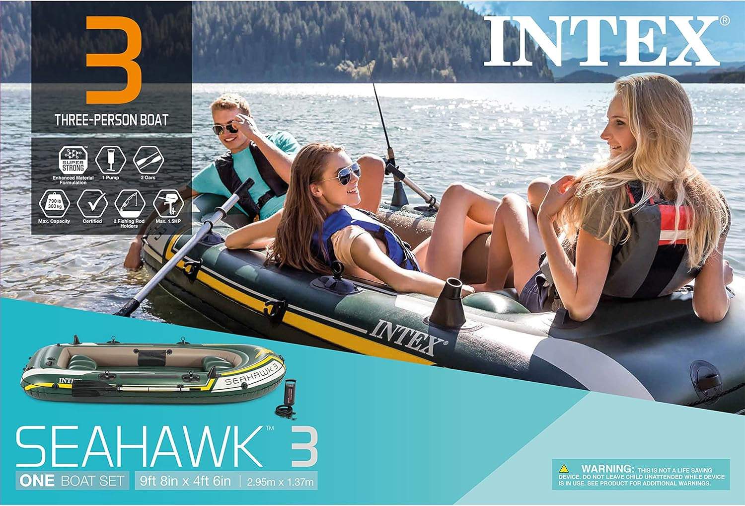 68380NP Seahawk 3 Inflatable Boat Set: Includes Deluxe 137 Cm Boat Oars and High-Output Pump – Superstrong PVC – Fishing Rod Holders – 3-Person – 358 Kg Weight Capacity