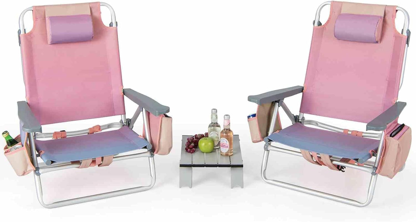 3-Piece Beach Chair Set, 5-Position Reclining Chairs, Outdoor Camping Chairs W/Folding Side Table, Folding Beach Chair and Table Set for Sunbathing, Fishing, No Assembly Required (Pink)