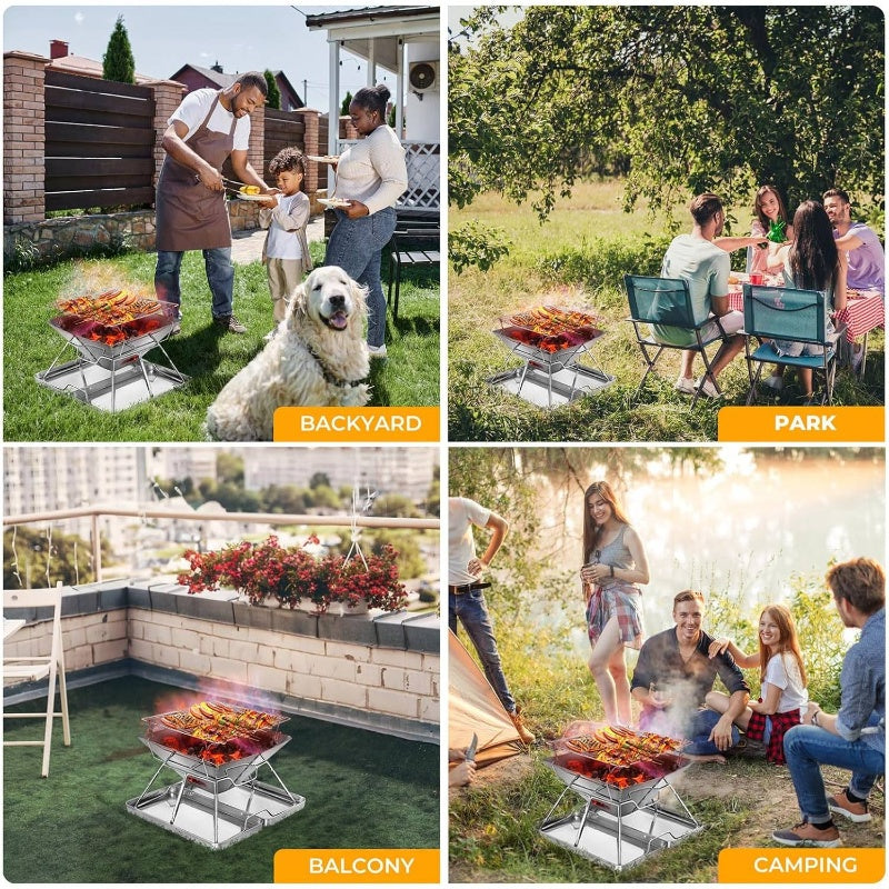 2-in-1 Portable Camping BBQ Grill | Stainless Steel Foldable Collapsible Charcoal Grill