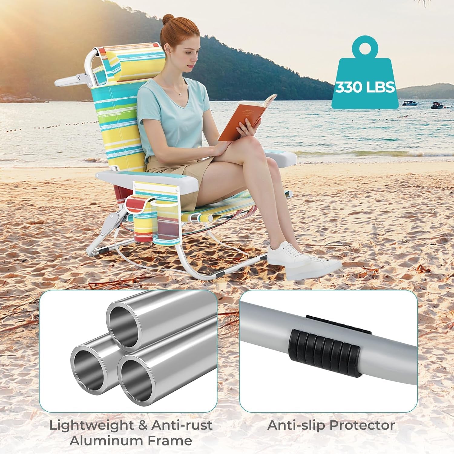 Backpack Beach Chair, Foldable Camping Chair with 5 Adjustable Position, Cup Holder, Storage Pockets, Straps, Towel Rack, Pillow, Lay Flat Lawn Chair for Patio Outdoor, Color Stripe