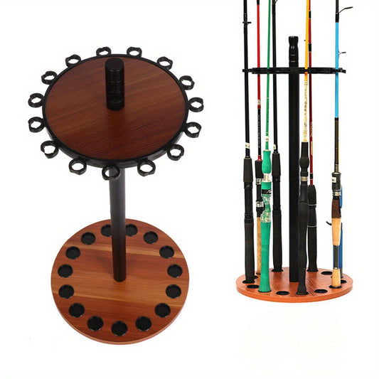15 Pole Brown Disc Fishing Rod Display Rack, Rotating Wooden