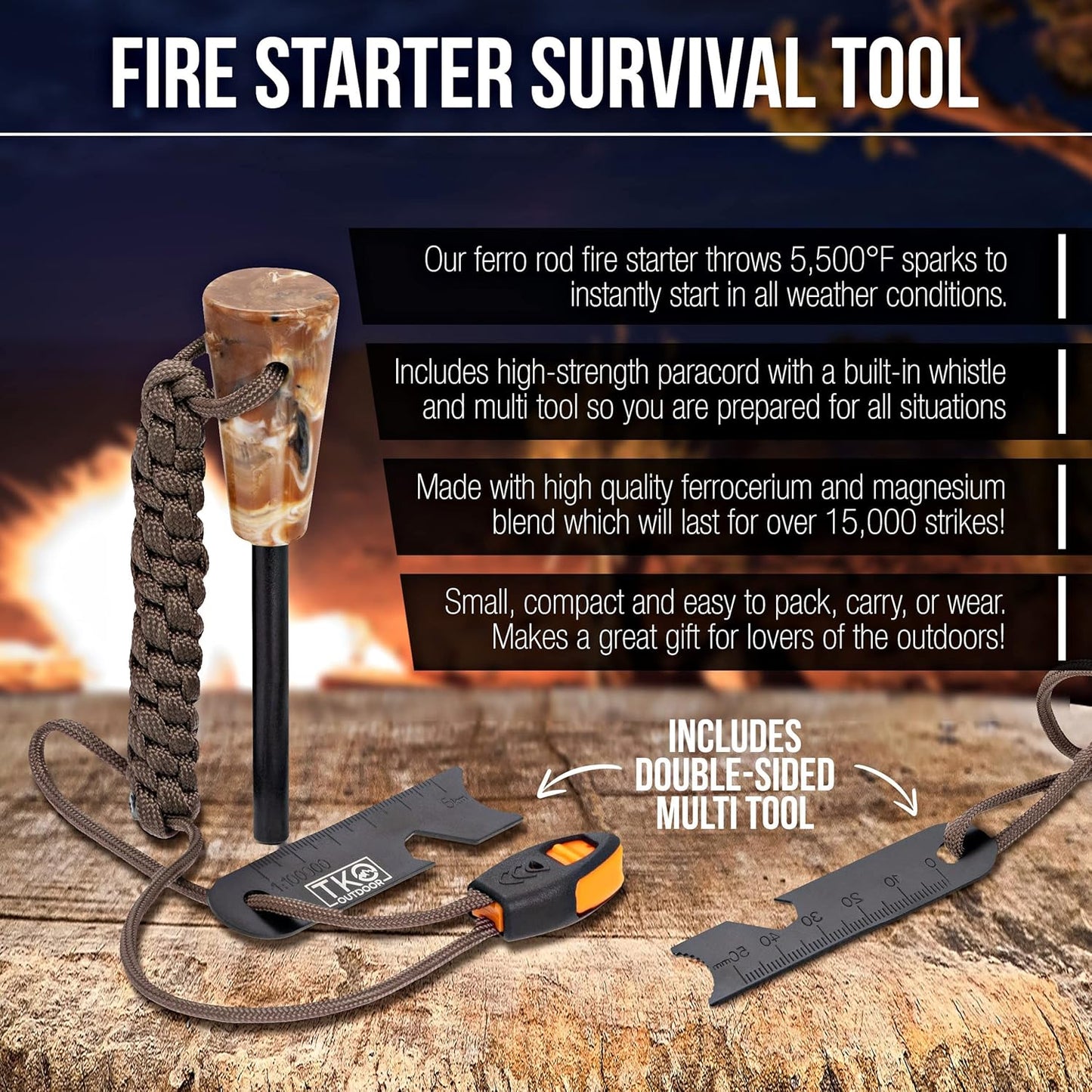 Fire Starter Kit - 8-In-1 Ferro Rod with Striker & Paracord | Extra Thick for 12,000+ Strikes | Waterproof Flint & Steel Survival Lighter for Camping Hiking Backpacking Campfire | Survival