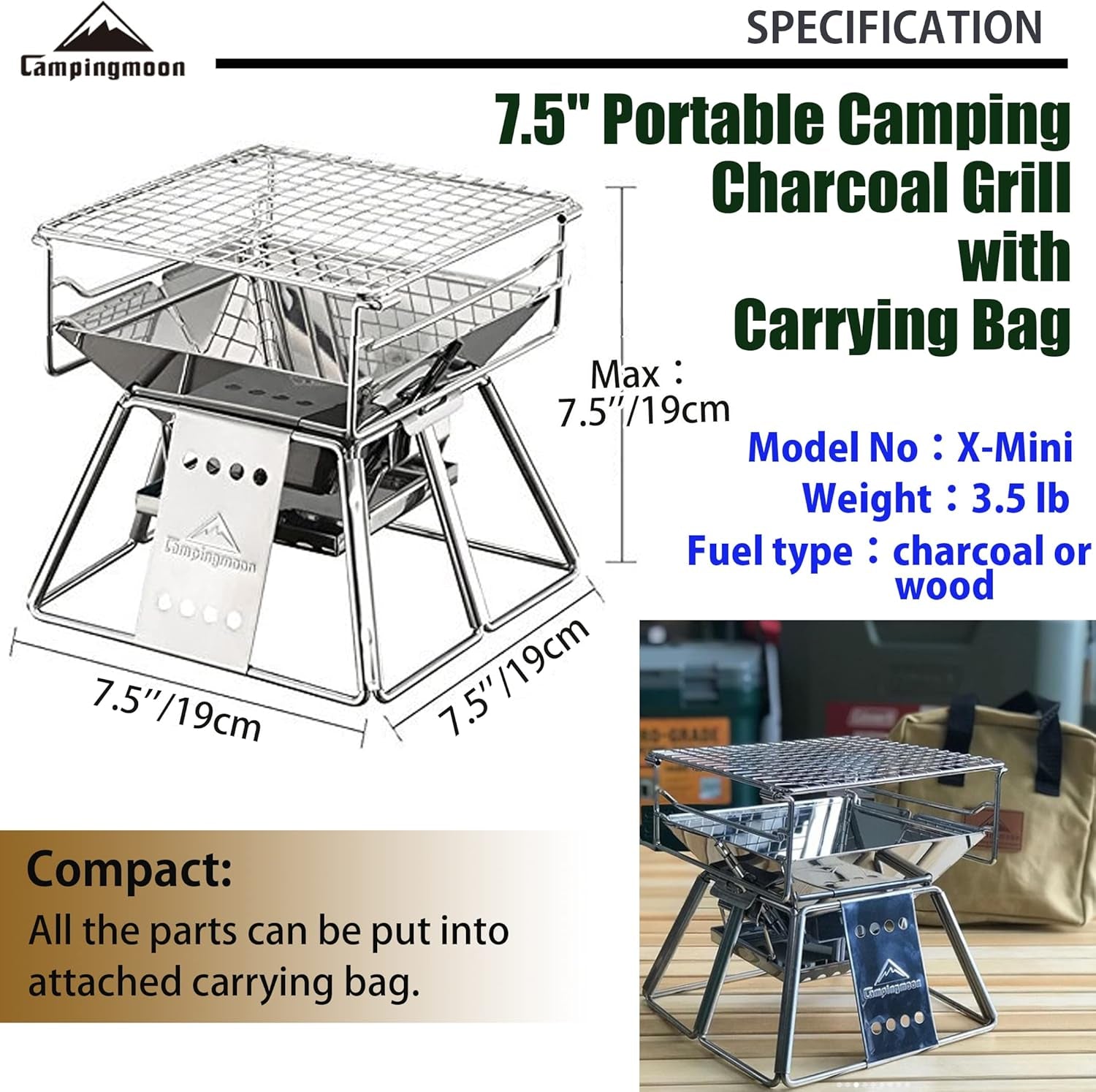 CAMPINGMOON Camping Grill Portable Tabletop Charcoal Grill Small Size Stainless Steel X-MINI