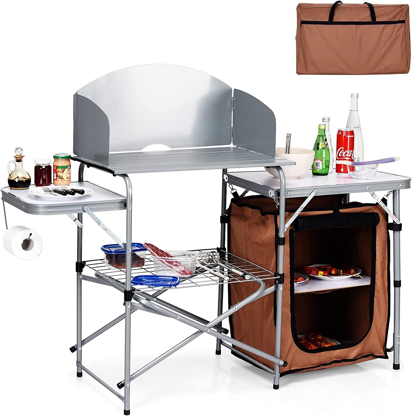 Folding Grill Table with 26'' Tabletop and Detachable Windscreen, Aluminum Portable Camp Cook Station Carry Bag Quick Set-Up, BBQ Camping Picnic Backyard Outdoor Camping Kitchen Table (Brown)