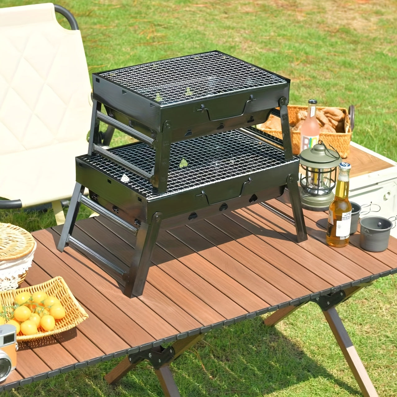 Portable Foldable BBQ Grill, Iron Construction, Uncharged, Compact & Convenient