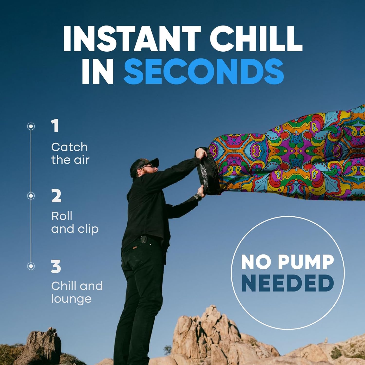 Shwaggins Inflatable Couch – No-Pump Setup, Ripstop Polyester, Stability Pegs, Fun Prints, Portable Air Lounger for Beach, Camping, Festivals, and Tailgating - 60S Psychedelic