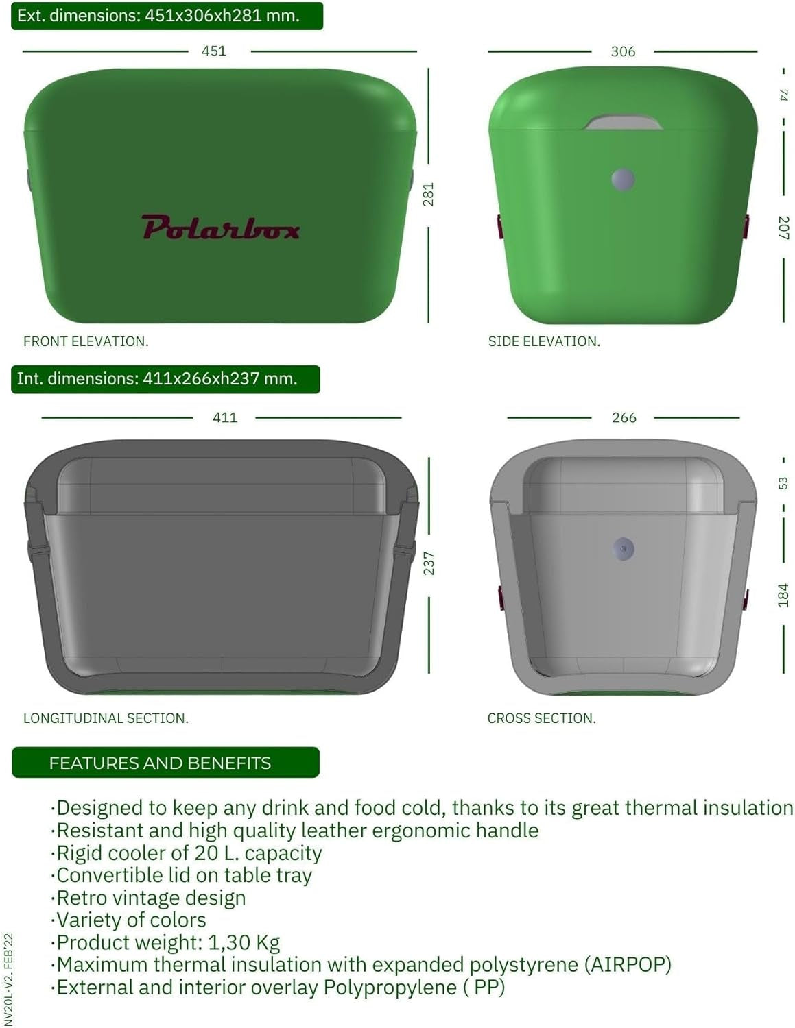 Classic Cooler Box with Leather Strap, Cyan & Baby Rose Rigid Thermal Insulated Ice for Beach, Picnic Party Convertible Lid Polypropylene Insulation Cyan/Baby 20L PB-9210