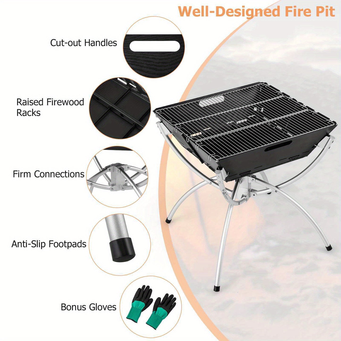Charcoal Wood Burning Stove - Portable Campfire Grill W/Gloves Cooking