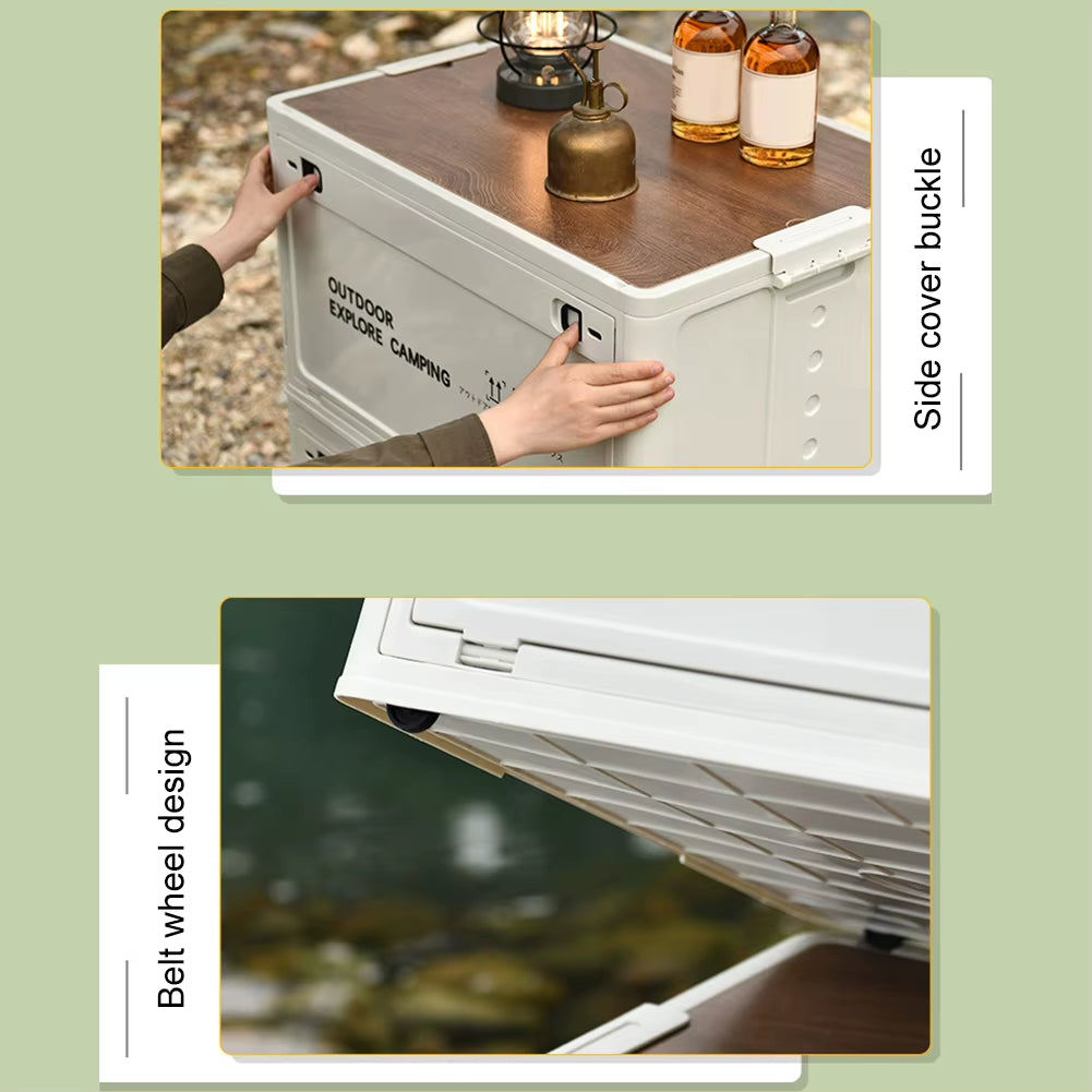 30L Collapsible Storage Bin with Wooden Lid Portable Storage Container Large Capacity Side Open Home Outdoor Store Camping Items