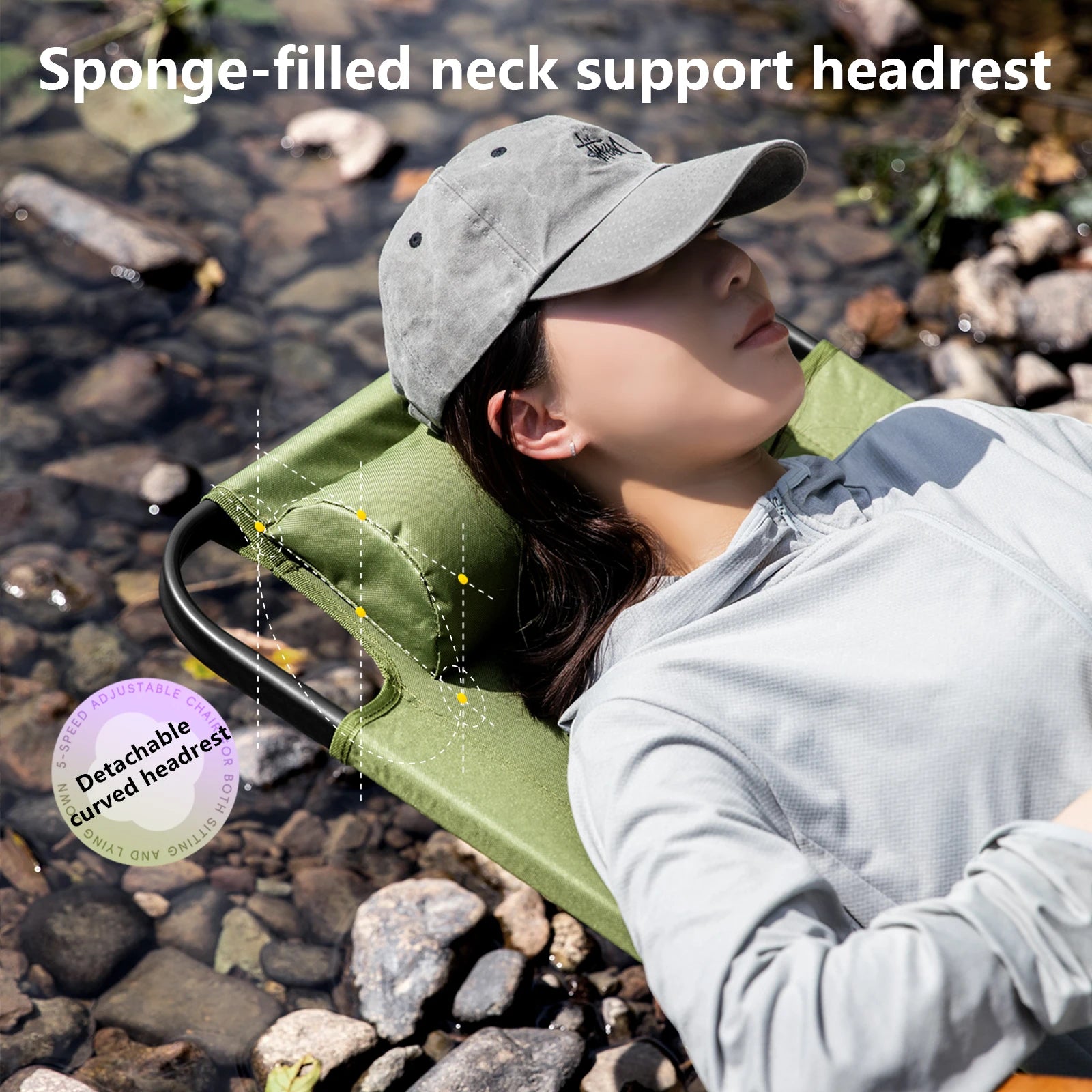 Camping Folding Chair Adjustable Armrest Portable Relaxing Chair with Detachable Pillow for Beach Travel Hiking