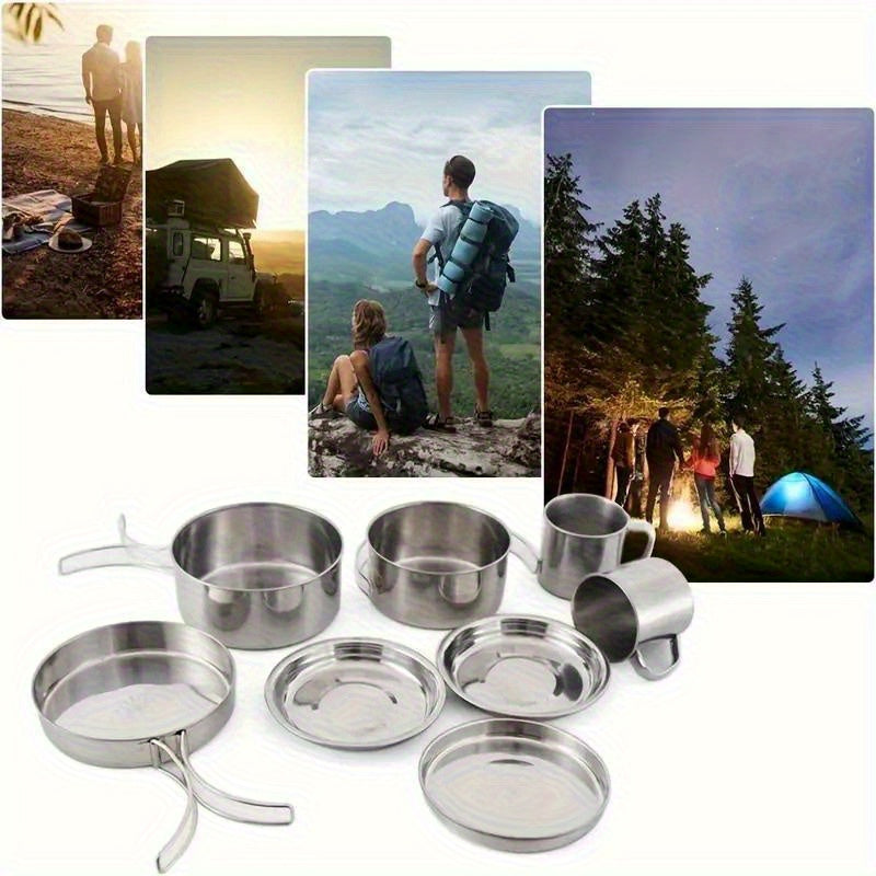 8pcs Stainless Steel Camping Cookware Set with Pots and Pans,  Plates & Cups