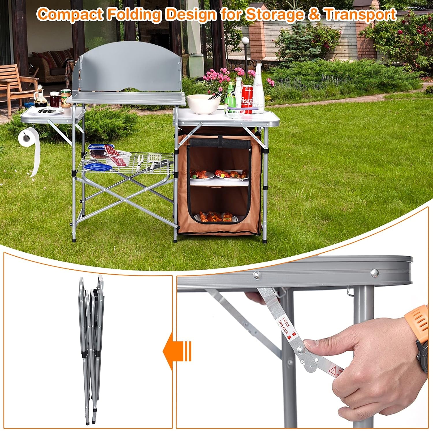 Folding Grill Table with 26'' Tabletop and Detachable Windscreen, Aluminum Portable Camp Cook Station Carry Bag Quick Set-Up, BBQ Camping Picnic Backyard Outdoor Camping Kitchen Table (Brown)