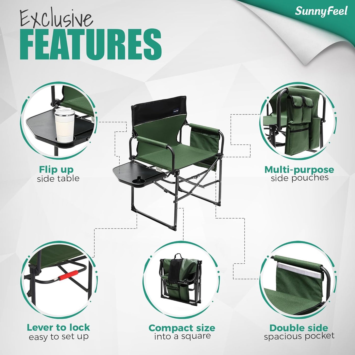 2 Pack  Camping Directors Chair, Heavy Duty,Oversized Portable Folding Chair with Side Table, Pocket for Beach, Fishing,Trip,Picnic,Lawn,Concert Outdoor Foldable Camp Chairs (Green)
