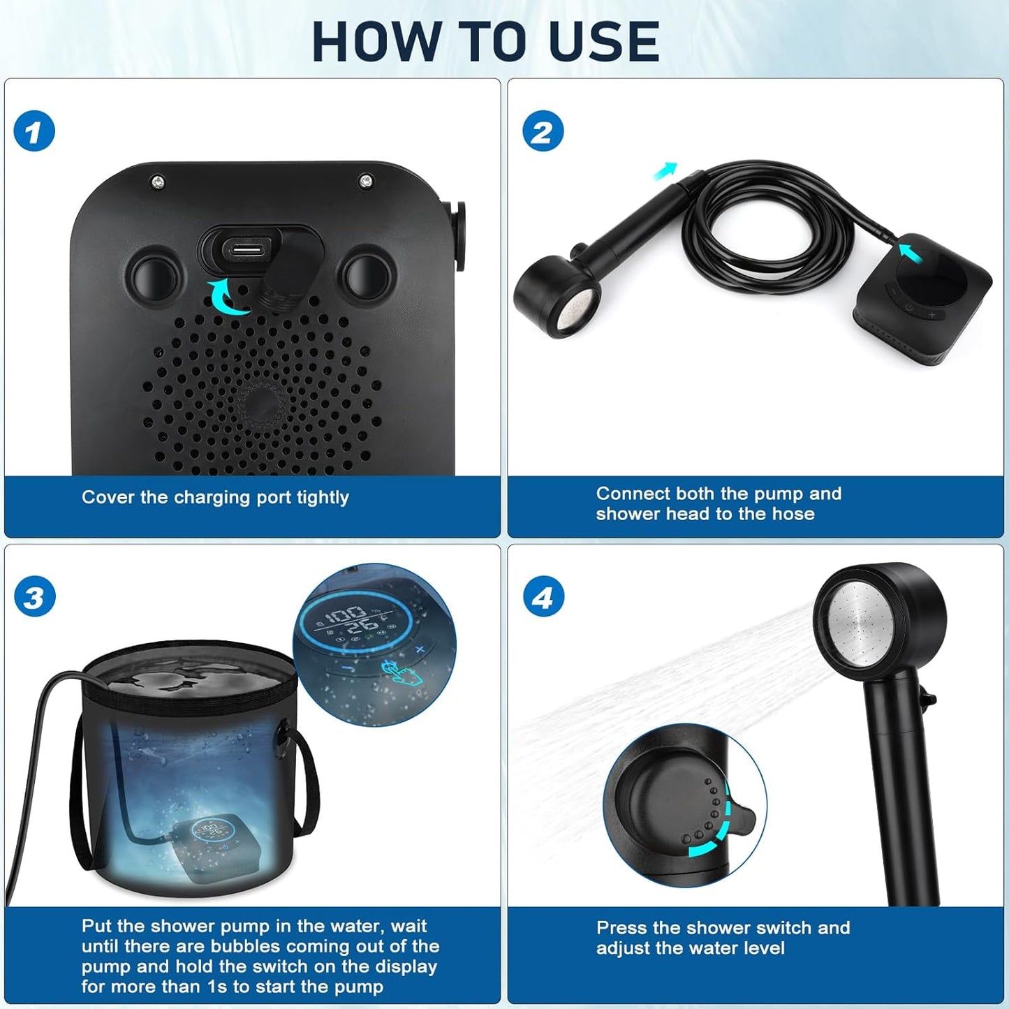 Portable Shower for Camping, [8000Mah Long-Lasting]  Rechargeable Camping Shower, Intelligent LED Display, 5 Speed Mode, Electric Shower Pump for Camping, Hiking, Travel, Car & Pet Clean