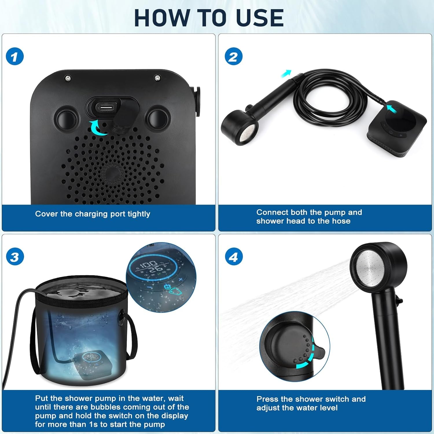 Portable Shower for Camping, [8000Mah Long-Lasting]  Rechargeable Camping Shower, Intelligent LED Display, 5 Speed Mode, Electric Shower Pump for Camping, Hiking, Travel, Car & Pet Clean