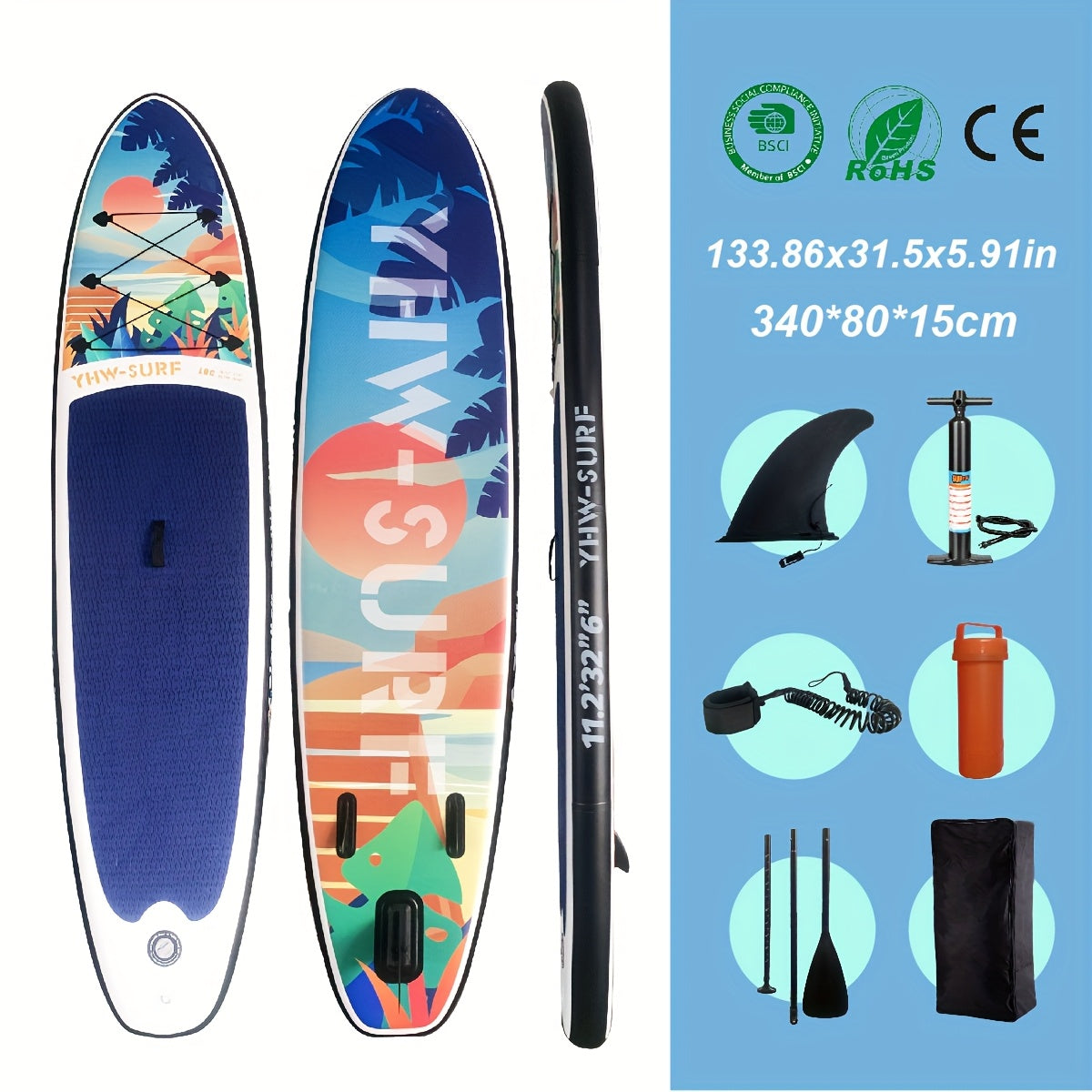 Inflatable Paddle Board, Pump, Backpack, Foot Rope, Detachable Fin, Paddle, and Repair Kit