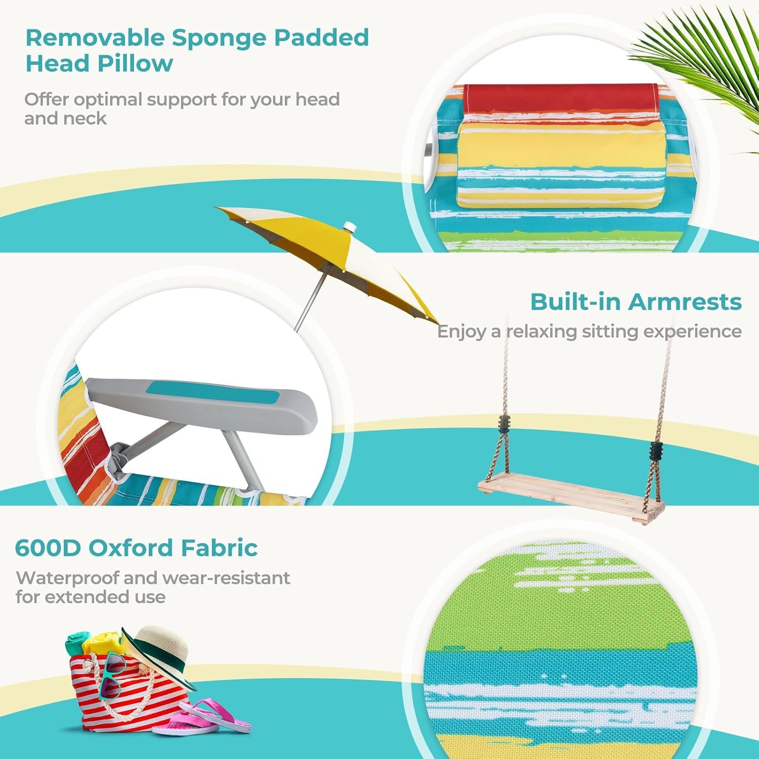 Backpack Beach Chair, Foldable Camping Chair with 5 Adjustable Position, Cup Holder, Storage Pockets, Straps, Towel Rack, Pillow, Lay Flat Lawn Chair for Patio Outdoor, Color Stripe