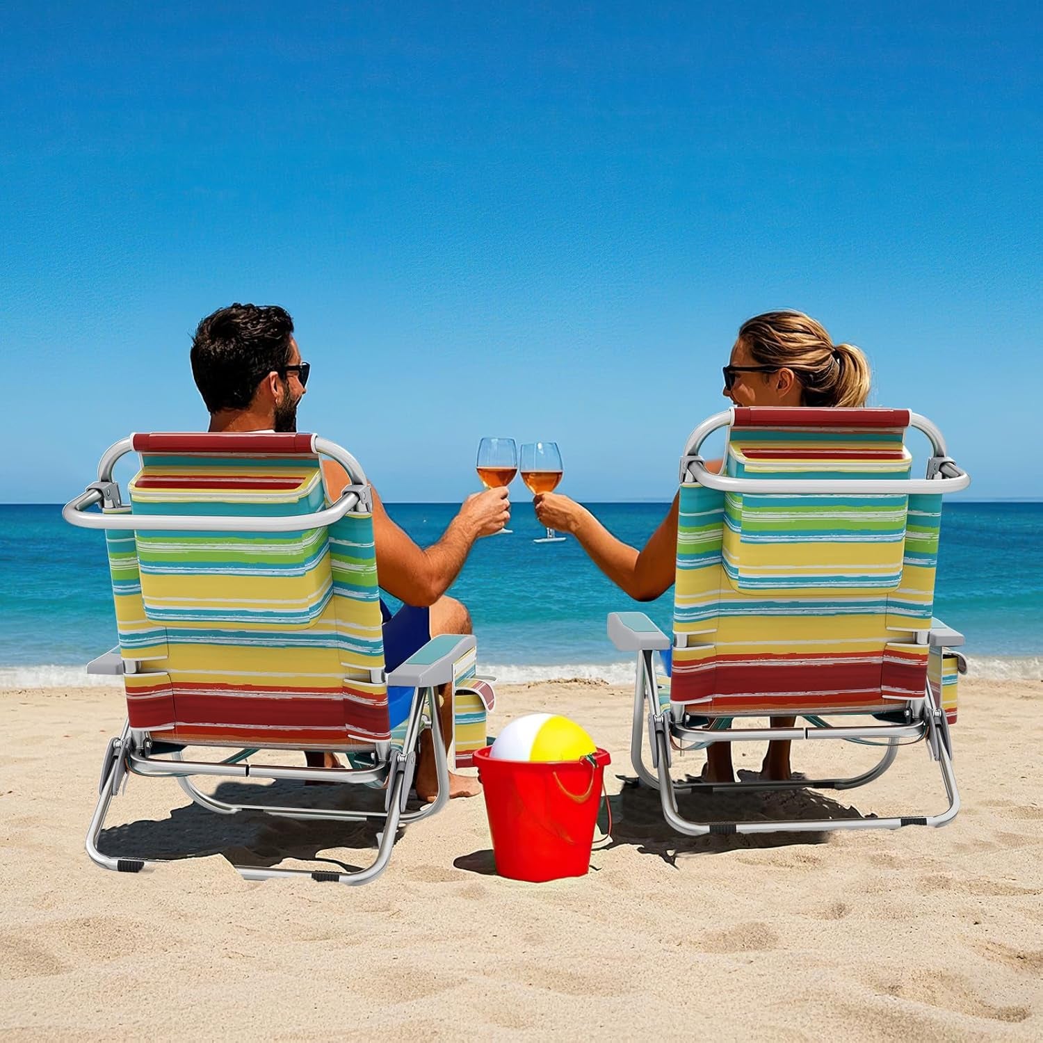 Backpack Beach Chair, Foldable Camping Chair with 5 Adjustable Position, Cup Holder, Storage Pockets, Straps, Towel Rack, Pillow, Lay Flat Lawn Chair for Patio Outdoor, Color Stripe