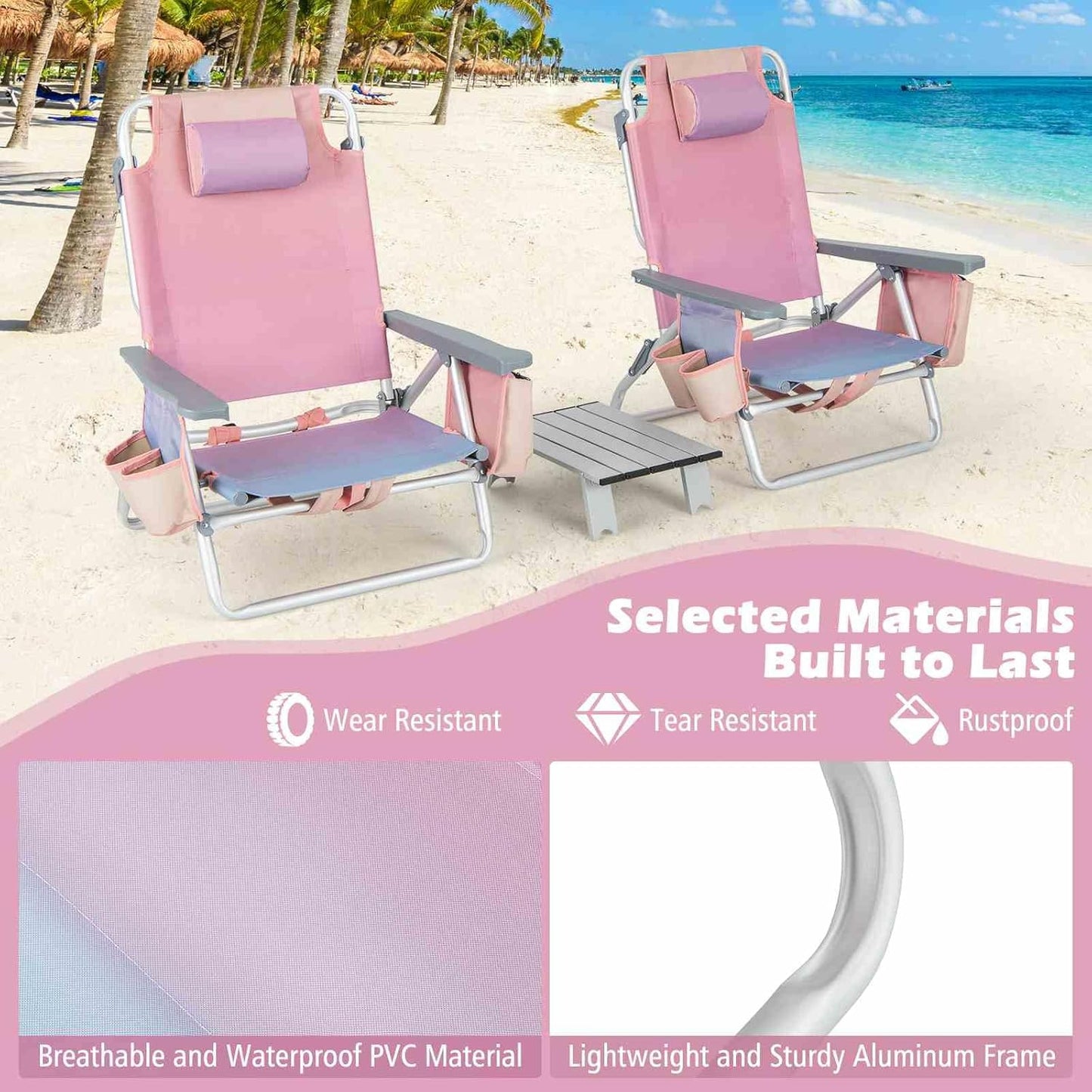 3-Piece Beach Chair Set, 5-Position Reclining Chairs, Outdoor Camping Chairs W/Folding Side Table, Folding Beach Chair and Table Set for Sunbathing, Fishing, No Assembly Required (Pink)