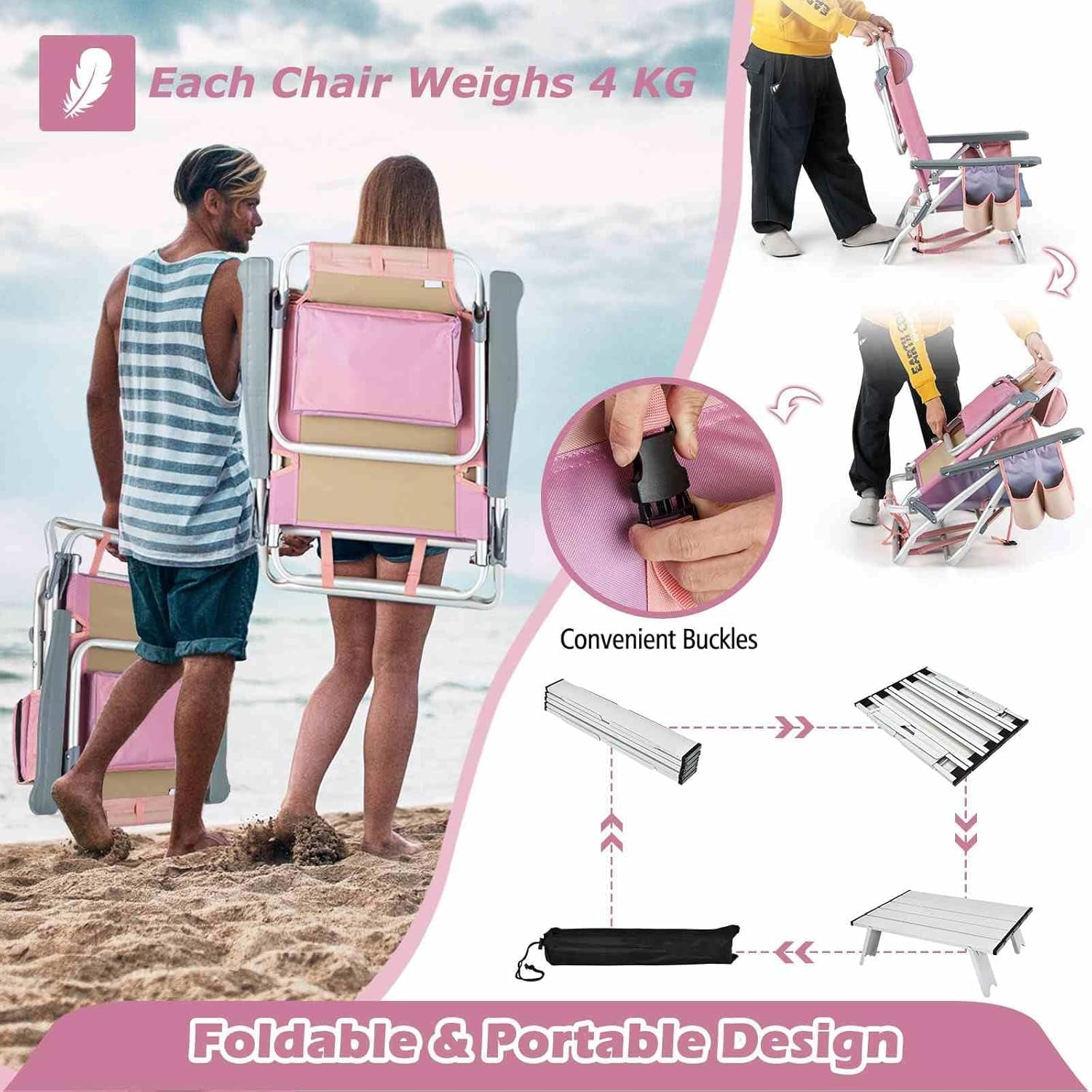 3-Piece Beach Chair Set, 5-Position Reclining Chairs, Outdoor Camping Chairs W/Folding Side Table, Folding Beach Chair and Table Set for Sunbathing, Fishing, No Assembly Required (Pink)