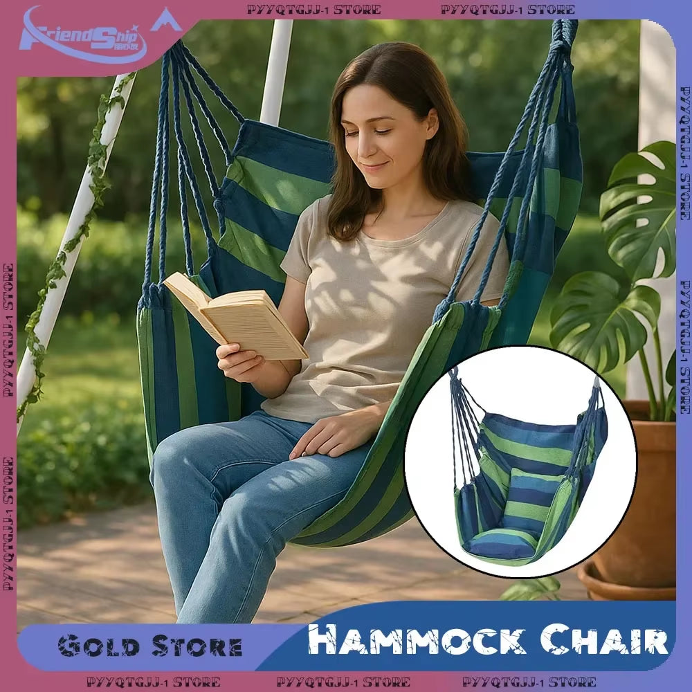 200KG Capacity Stripes Canvas Hammock Chair Thick for Garden Swing Seat Patio Camping Beach Dormitory Leisure with Storage Bag