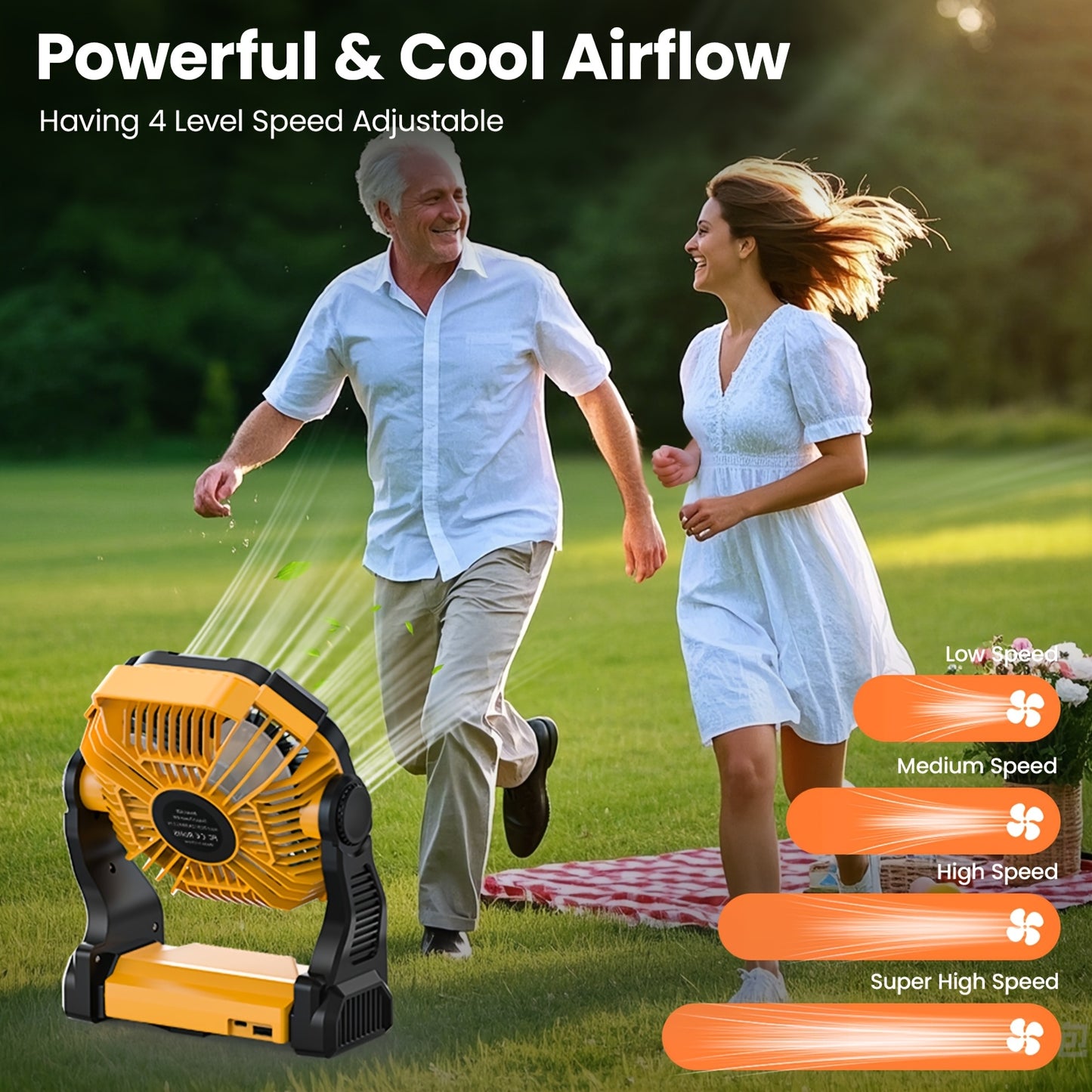 3-in-1 Portable Camping Fan with USB Power, LED Light & High-Speed Cooling - Rechargeable