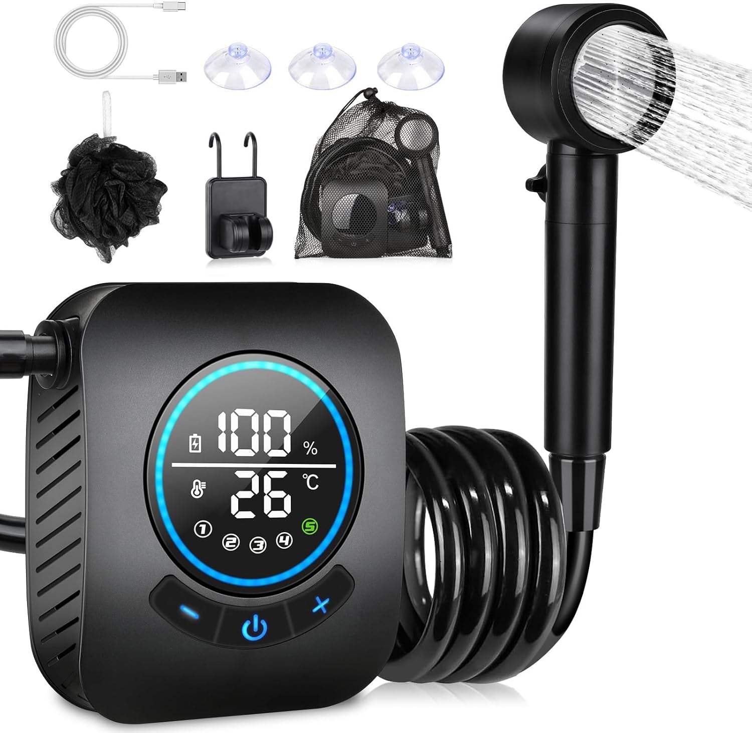Portable Shower for Camping, [8000Mah Long-Lasting]  Rechargeable Camping Shower, Intelligent LED Display, 5 Speed Mode, Electric Shower Pump for Camping, Hiking, Travel, Car & Pet Clean