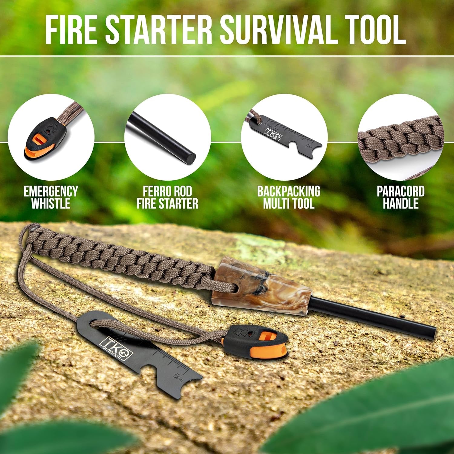 Fire Starter Kit - 8-In-1 Ferro Rod with Striker & Paracord | Extra Thick for 12,000+ Strikes | Waterproof Flint & Steel Survival Lighter for Camping Hiking Backpacking Campfire | Survival