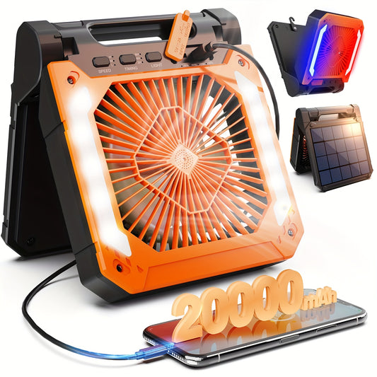 Solar-Powered Camping Fan, LED & USB Charger Port - Portable, Rechargeable