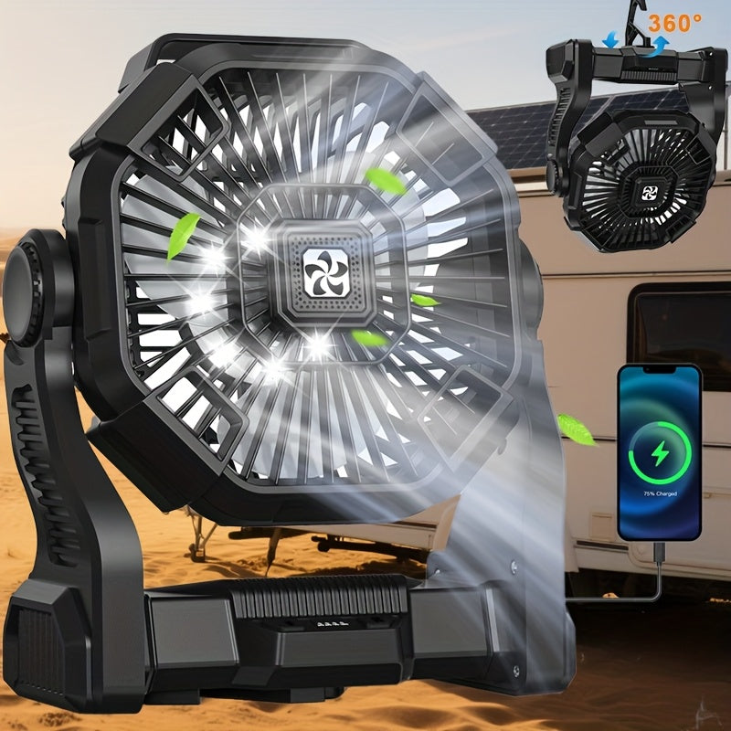 3-in-1 Portable Camping Fan with USB Power, LED Light & High-Speed Cooling - Rechargeable