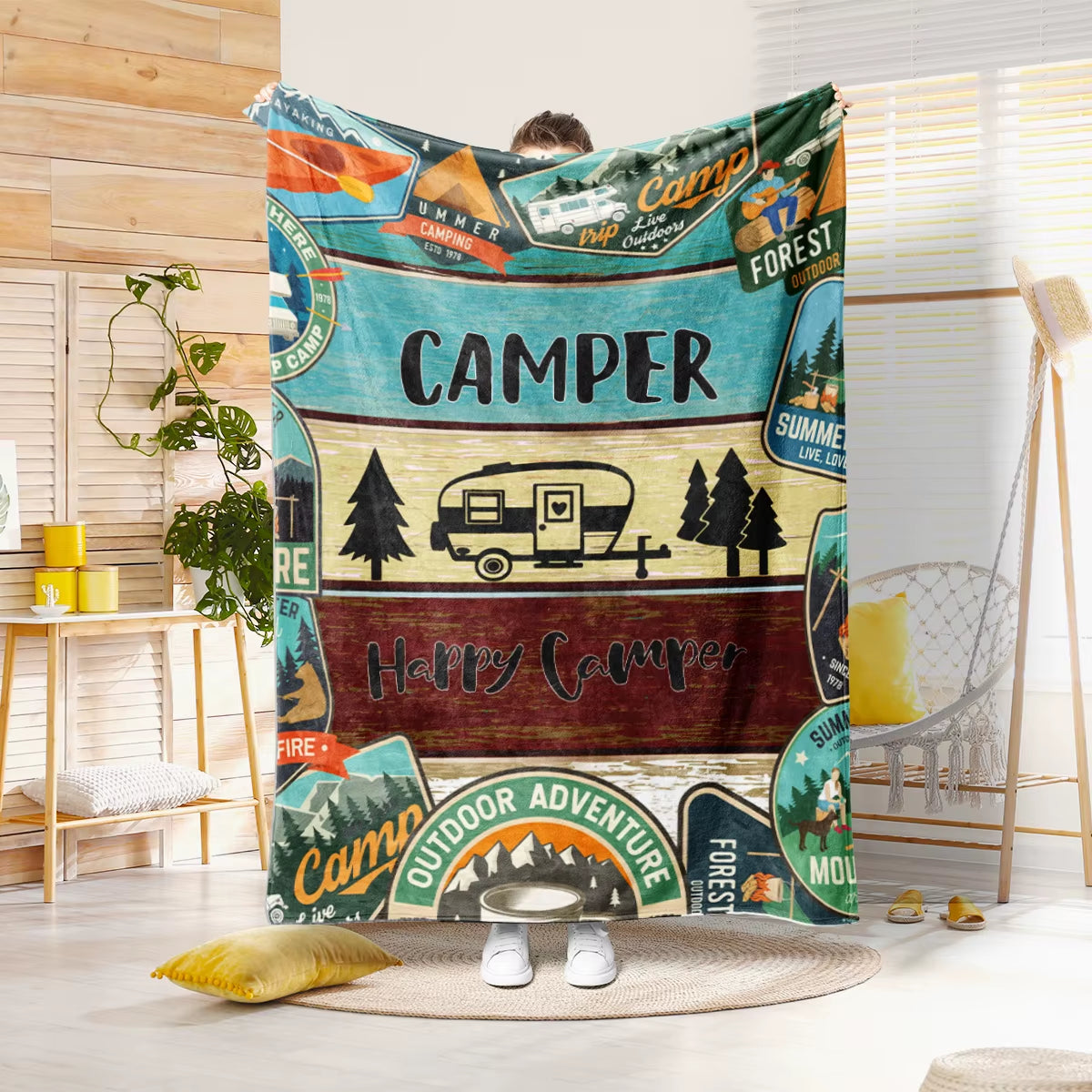 1PC Camper and Forest Pattern Printed Blanket, Suitable for Sofas, Beds, Offices, Travel, Camping Chairs, Warm Plush Blanket