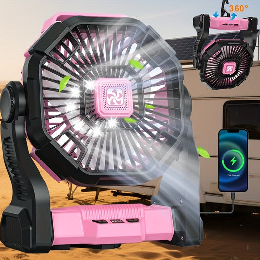 3-in-1 Portable Camping Fan with USB Power, LED Light & High-Speed Cooling - Rechargeable