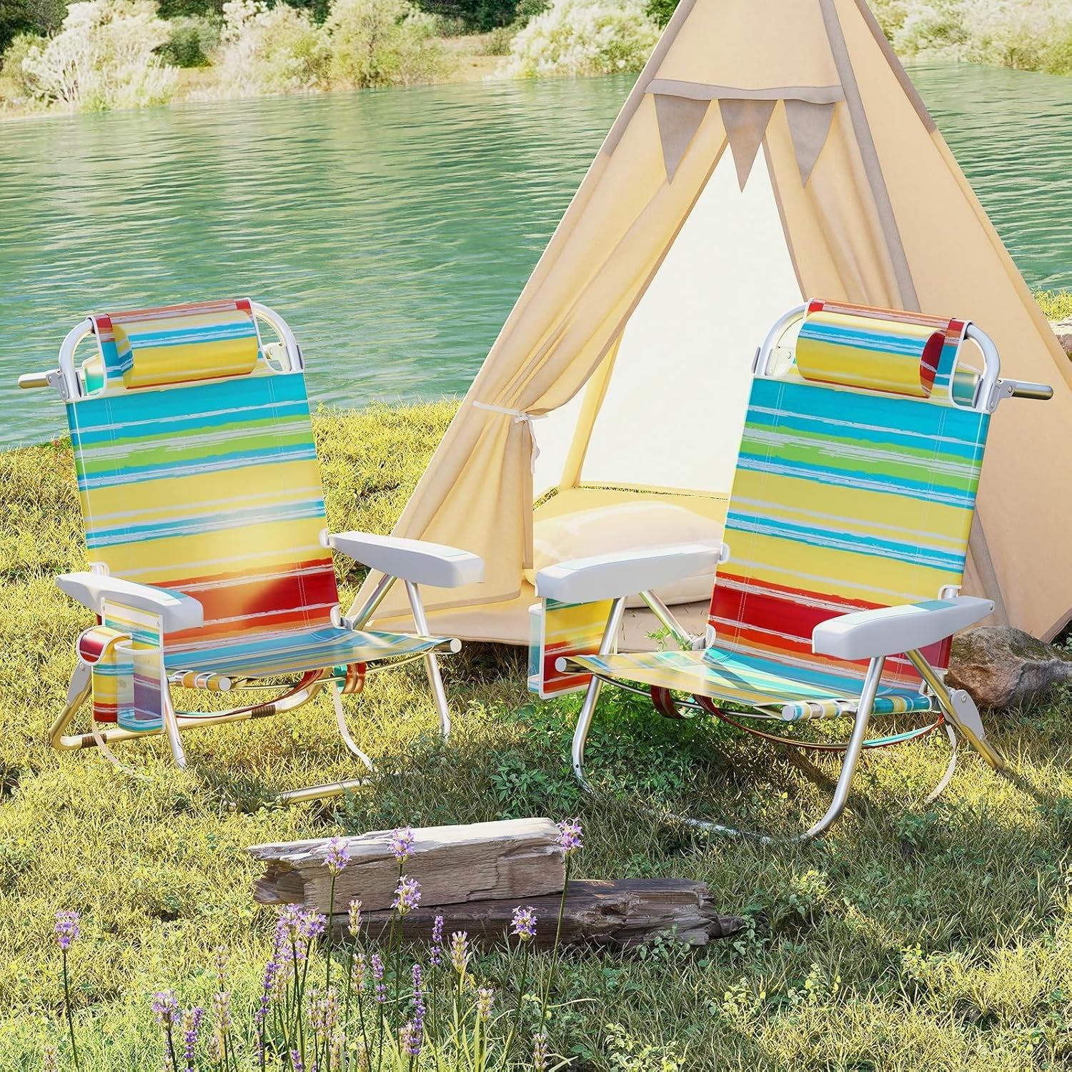 Backpack Beach Chair, Foldable Camping Chair with 5 Adjustable Position, Cup Holder, Storage Pockets, Straps, Towel Rack, Pillow, Lay Flat Lawn Chair for Patio Outdoor, Color Stripe