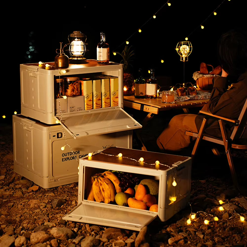 30L Collapsible Storage Bin with Wooden Lid Portable Storage Container Large Capacity Side Open Home Outdoor Store Camping Items