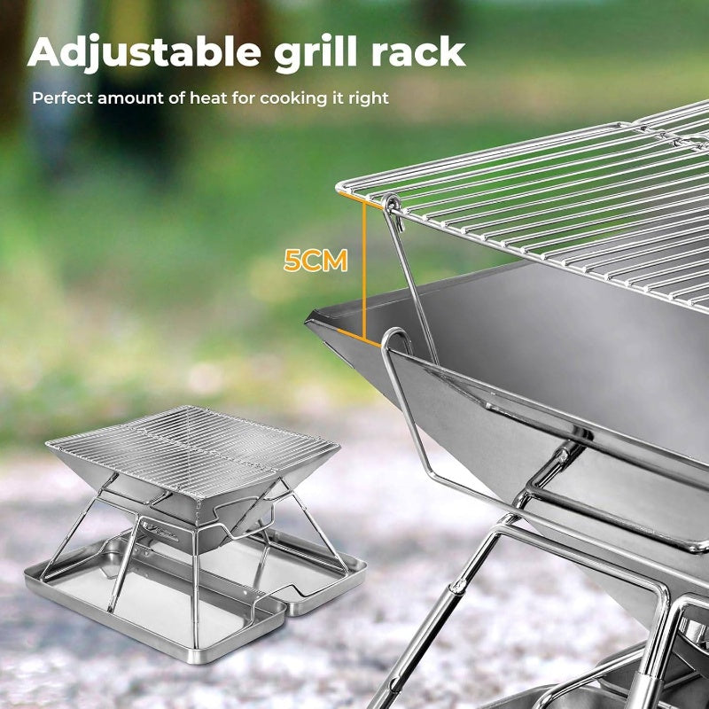 2-in-1 Portable Camping BBQ Grill | Stainless Steel Foldable Collapsible Charcoal Grill