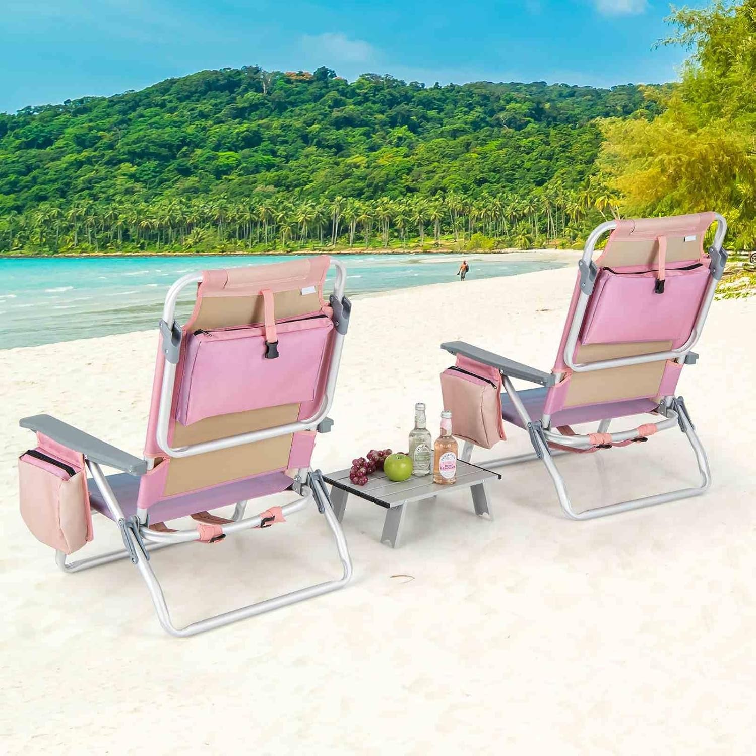 3-Piece Beach Chair Set, 5-Position Reclining Chairs, Outdoor Camping Chairs W/Folding Side Table, Folding Beach Chair and Table Set for Sunbathing, Fishing, No Assembly Required (Pink)