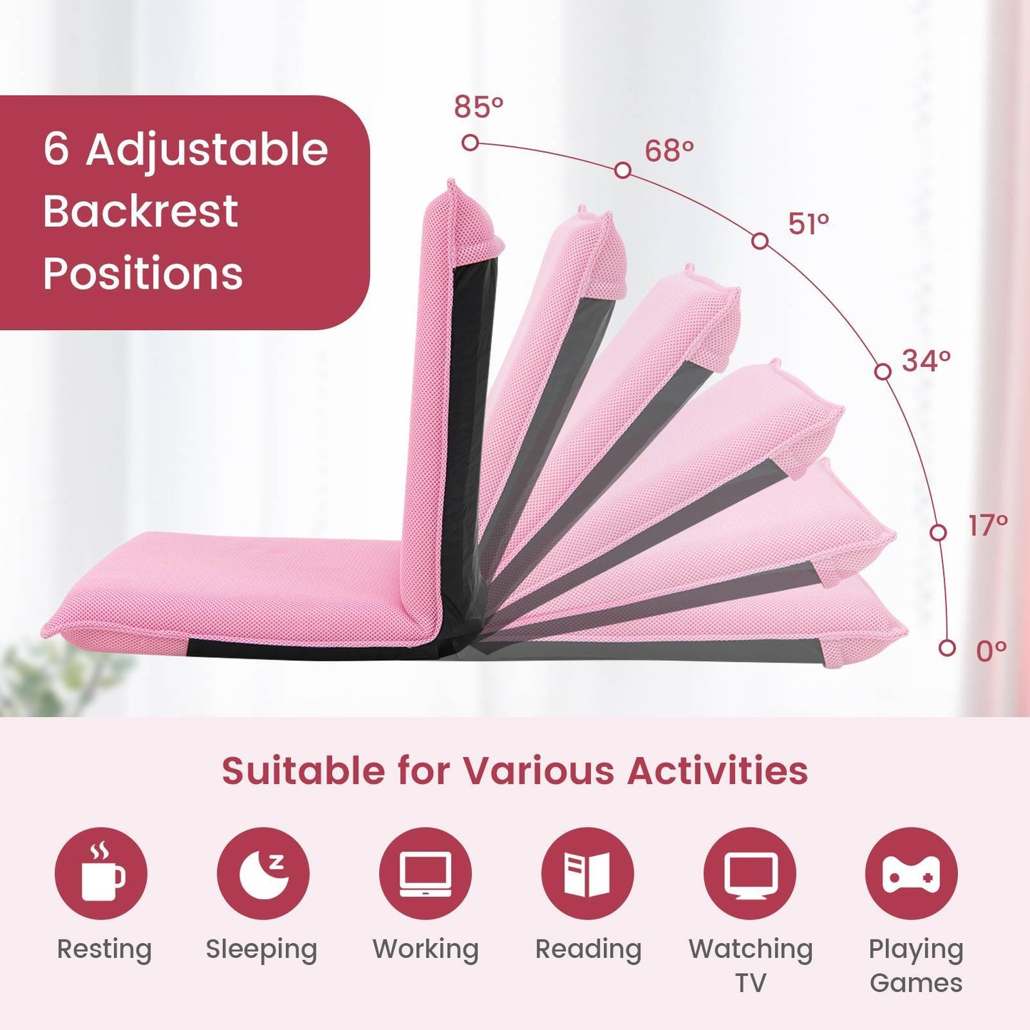 TANGKULA Lazy Sofa Bed Floor Chair Foldable Floor Chair w/Reclining Function Pink
