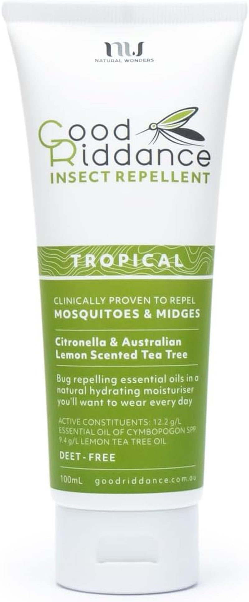 Good Riddance Tropical Insect Repellent 100Ml - Safe & Effective Natural Midge, Sandfly & Mosquito Repellent | Tropical Strength | Clinically Proven | DEET Free | Citronella & Australian Lemon Scented Tea Tree