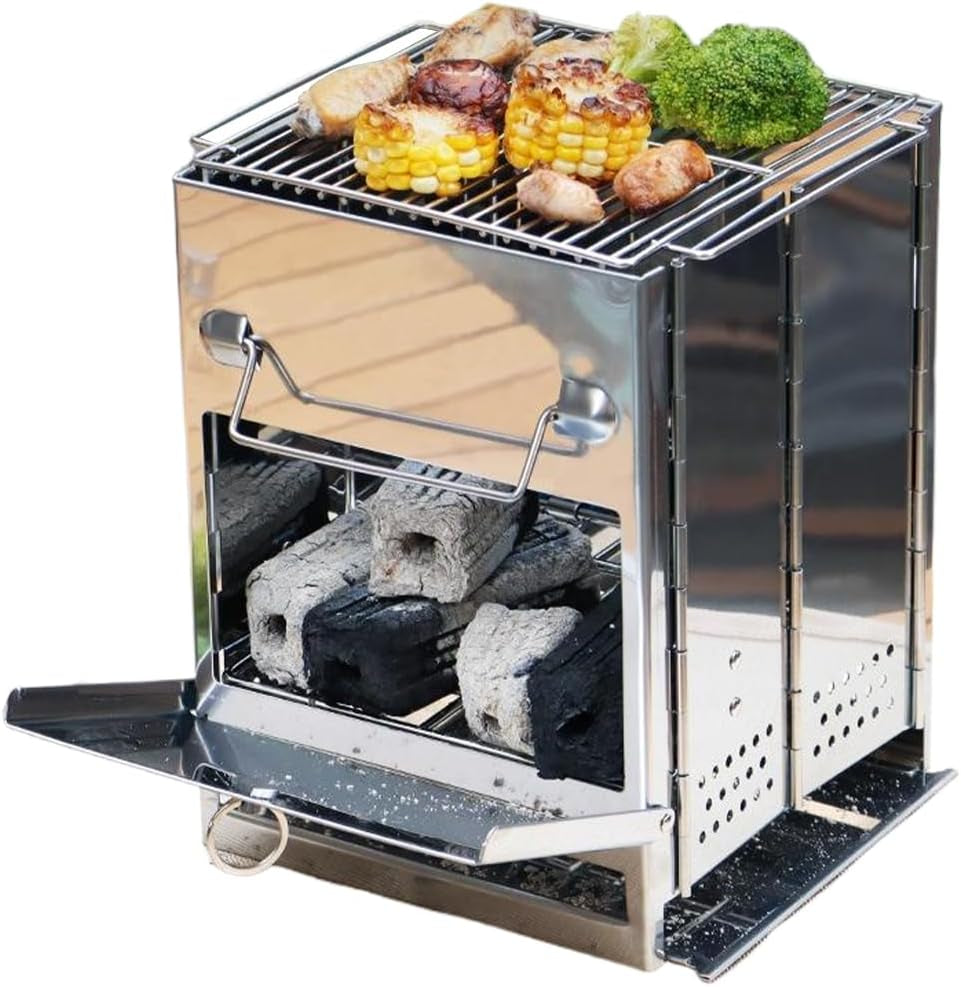 Camping Wood Stove, Wood Burning Folding Camp Titanium Stove Stainless Steel Grid, Portable Collapsible Backpacking Stove Survival Barbecue Grill for Hiking Outdoor Tent Camping Picnic BBQ