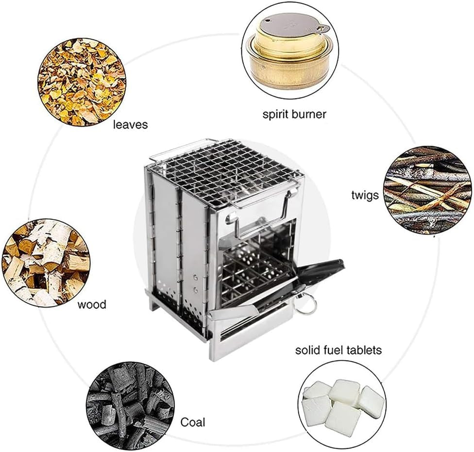 Camping Wood Stove, Wood Burning Folding Camp Titanium Stove Stainless Steel Grid, Portable Collapsible Backpacking Stove Survival Barbecue Grill for Hiking Outdoor Tent Camping Picnic BBQ