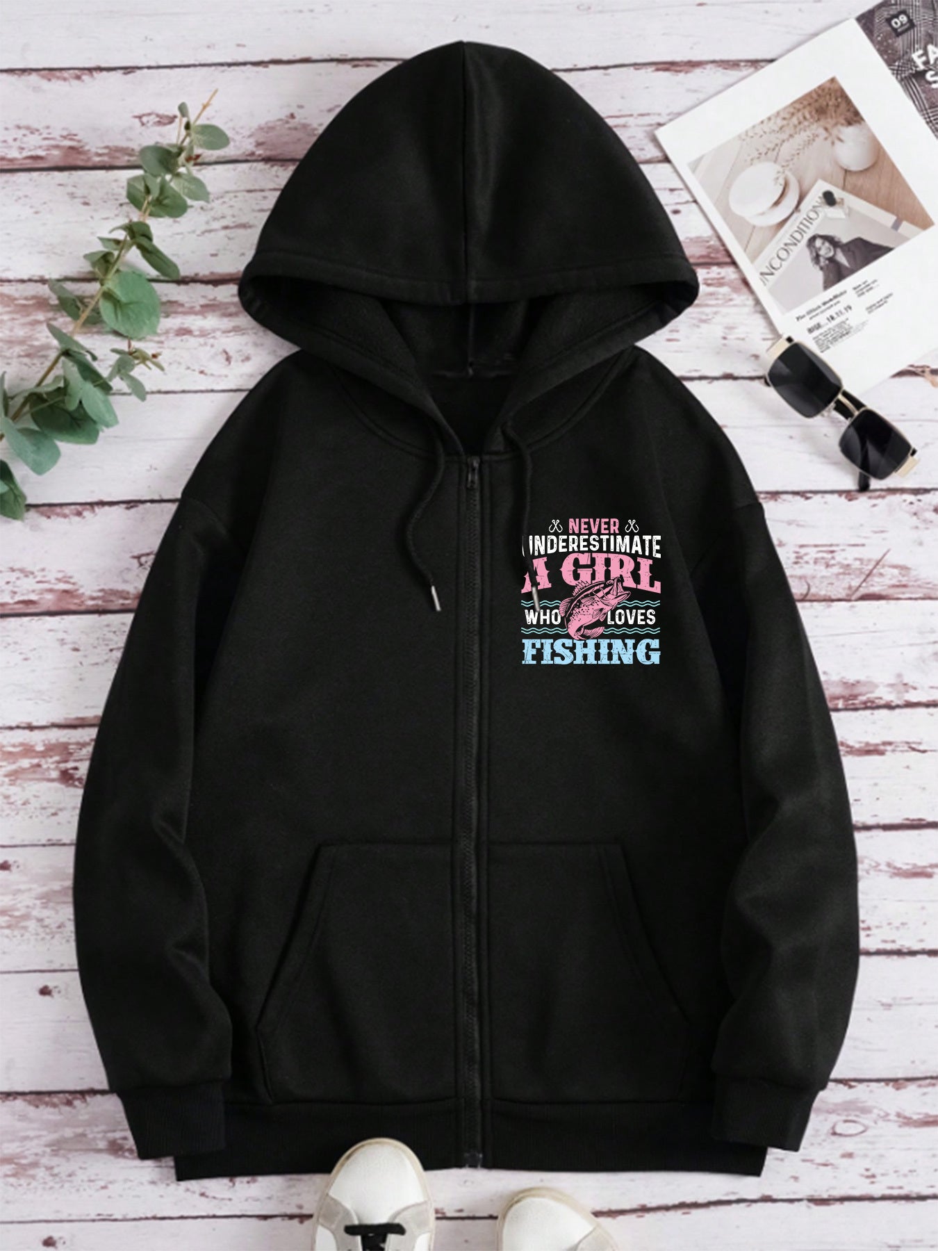 Women'S Fishing-Themed Zipper Hooded Jacket with Fishing Graphic