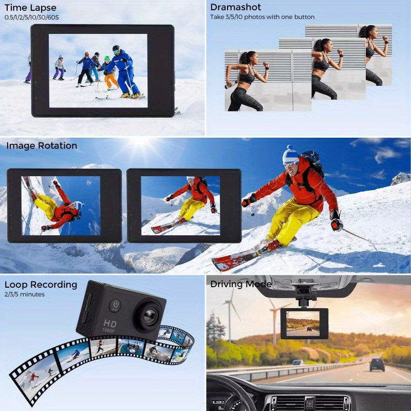 1080P Action Camera with 2-inch LCD Screen 5MP, 170° Zoom Wide Angle