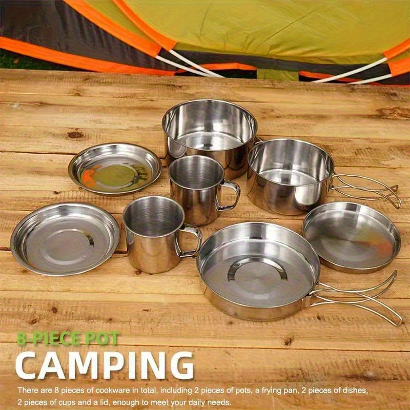 8pcs Stainless Steel Camping Cookware Set with Pots and Pans,  Plates & Cups