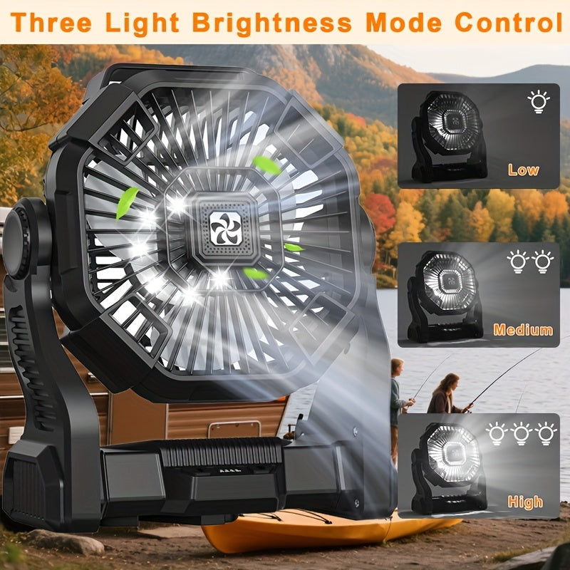 3-in-1 Portable Camping Fan with USB Power, LED Light & High-Speed Cooling - Rechargeable
