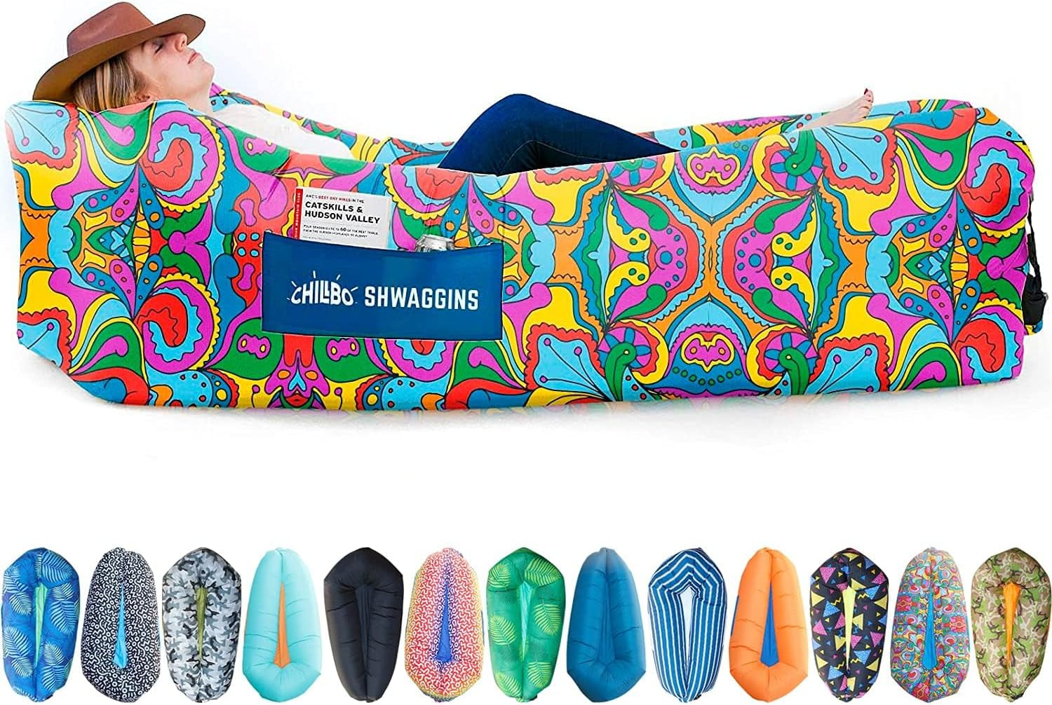 Shwaggins Inflatable Couch – No-Pump Setup, Ripstop Polyester, Stability Pegs, Fun Prints, Portable Air Lounger for Beach, Camping, Festivals, and Tailgating - 60S Psychedelic