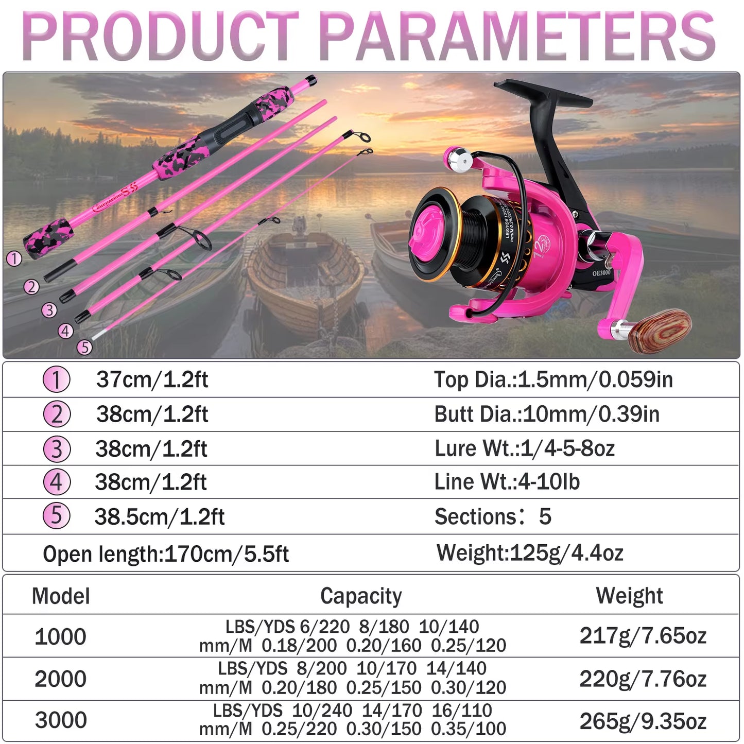 Portable 5 Sections Fishing Rod Combo Fishing Rod and 1000 -3000 Series Spinning Reel Set Pesca Fishing Tackle